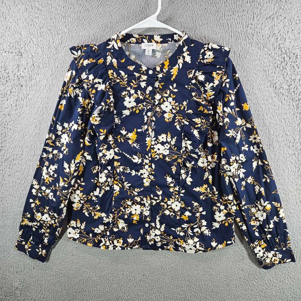J.Crew Womens Navy Floral Ruffle Button Front Blouse Top Medium M Cotton Blend